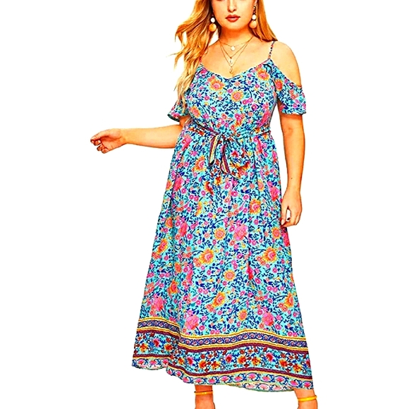 NWT☆Plus Size 3X Gorgeous Blue Floral Cold Shoulder Tie Back Maxi Dress☆Must See - Picture 1 of 9